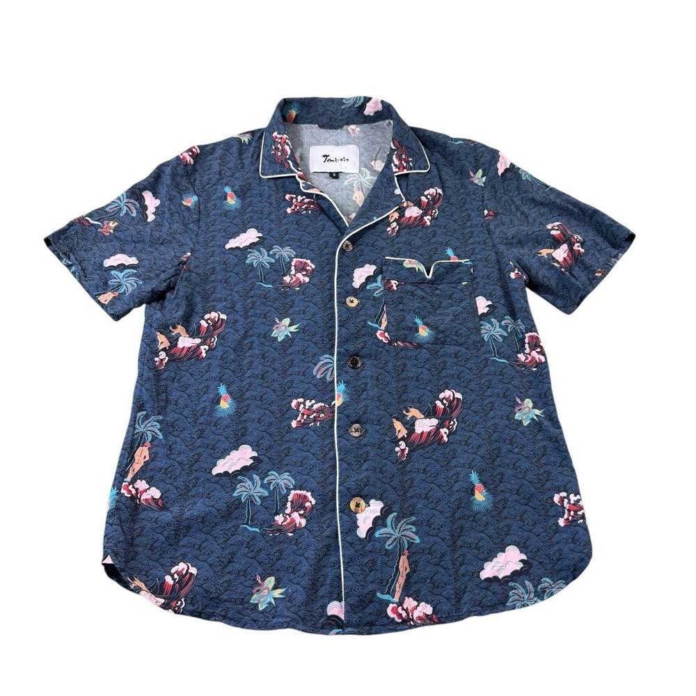 Tombolo Blue Palm Tree Wave Hawaiian Men's Button Front Lounge Shirt Size Small
